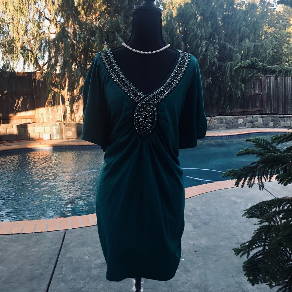 Fashion Bug-Embellished Deep Teal V-Neck Shift Top